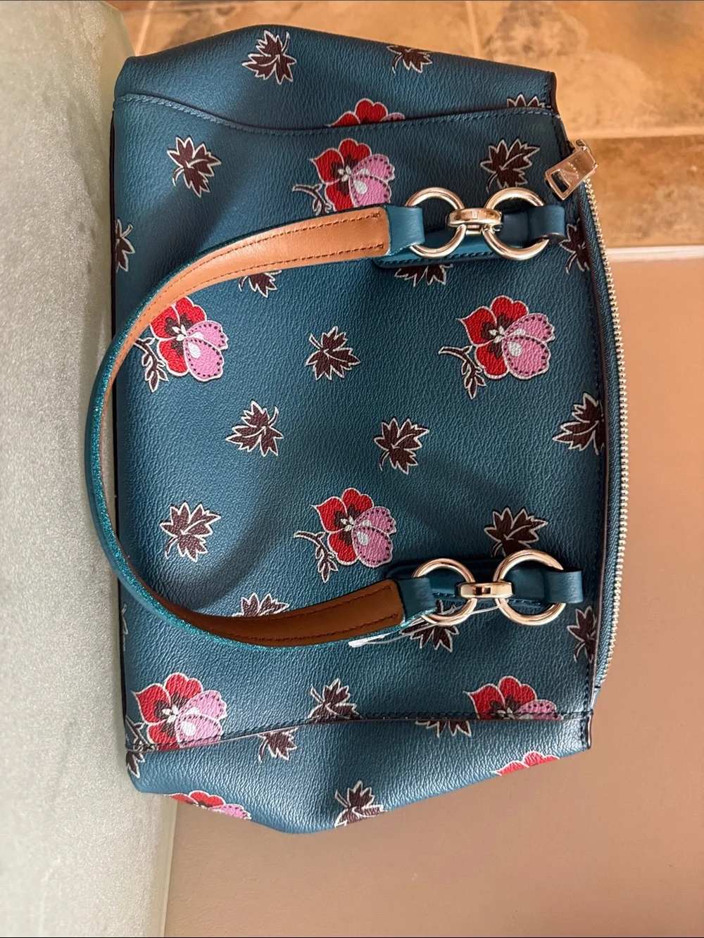 Coach Teal Floral Leather Shoulder Bag with Brown Strap Accent - Picture 5 of 10